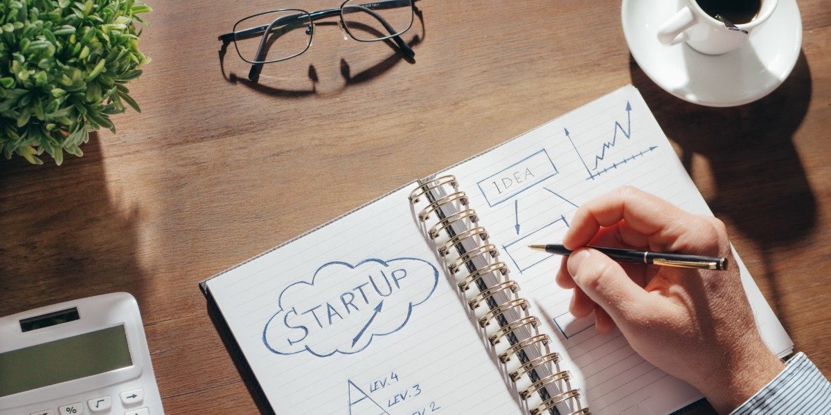 Definir sa mission d’entreprise Carnet avec des dessins de concepts de startup sur un bureau en bois, entouré de lunettes, une plante, une calculatrice et une tasse de café.