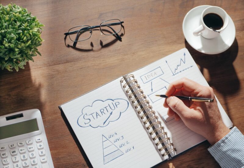 Definir sa mission d’entreprise Carnet avec des dessins de concepts de startup sur un bureau en bois, entouré de lunettes, une plante, une calculatrice et une tasse de café.