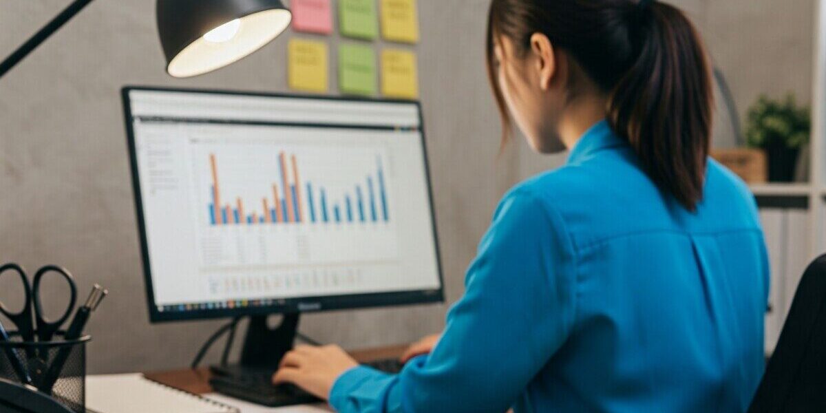 Gemini_Generated_Image_5yoj0y5yoj0y5yoj-e1741685177779-1200×600 Une personne en chemise bleue travaille sur un ordinateur affichant des graphiques, avec des notes colorées sur le mur.