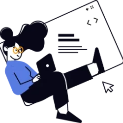 Une illustration montre une personne avec des lunettes, vêtue de bleu, utilisant un ordinateur portable avec des pages flottantes autour.