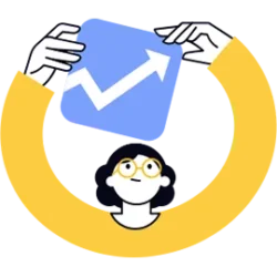 Des mains tiennent une flèche montante bleue, avec une personne aux lunettes jaunes en dessous, entourée de motifs jaunes et bleus.