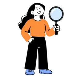 Une illustration d'une personne avec un pull orange, un pantalon noir et des chaussures bleues, tenant une loupe.