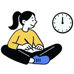 Personne assise écrivant dans un carnet, portant un pull jaune et des chaussures bleues, avec une horloge indiquant midi à droite.