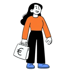 Une illustration d'une femme en pull orange, pantalon noir, chaussures bleues, tenant un sac blanc avec un symbole euro.