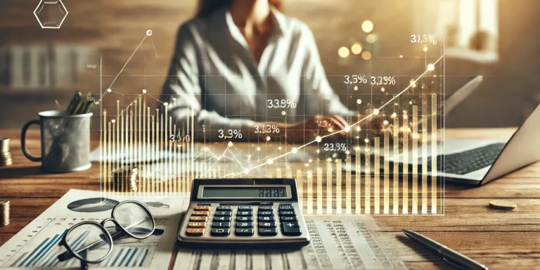 Une calculatrice, des lunettes et des graphiques financiers sont posés sur un bureau en bois, avec une tasse en arrière-plan.
