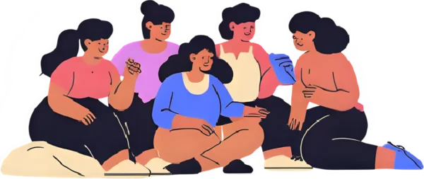 Cinq personnes assises en cercle, discutant et souriant, portant des vêtements colorés dans des tons de bleu, rose et beige.