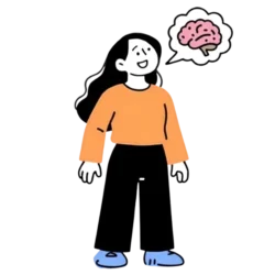 Une illustration montre une personne souriante en pull orange et pantalon noir, avec une bulle de pensée contenant un cerveau rose.
