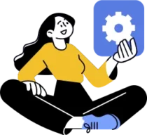 Dessin d'une femme assise, vêtue d'un pull jaune, tenant une icône d'engrenage bleu, avec un pied sur un skateboard bleu.