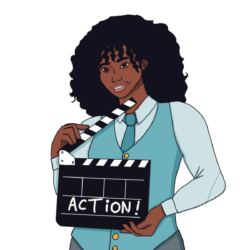 Illustration d'une personne souriante avec des cheveux noir bouclés, portant une chemise et une veste sans manche bleu, portant un clap de scène avec le texte action.