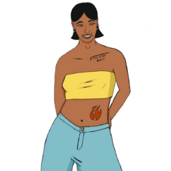 Illustration d'une personne souriante avec des cheveux noir mi-long, portant un croped top jaune et un pantalon bleu sur sa peau deux tatouages une flemme et une inscription Fire is Fuel Burn it.