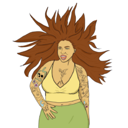 Illustration d'une personne souriante avec des cheveux long dans le vent châtain clair, portant une jupe verte et un caraco jaune sa peau à de multiple tatouages.