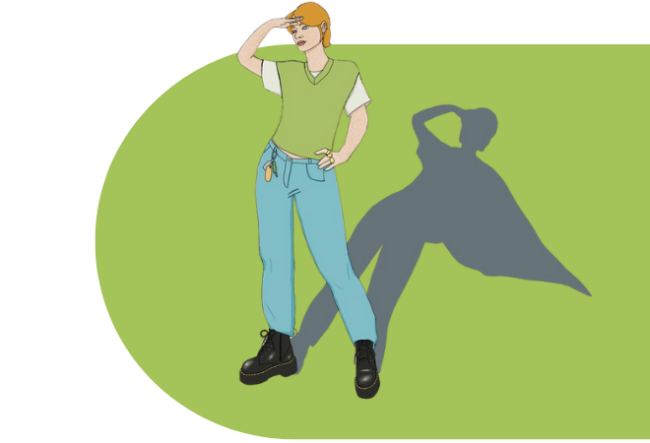 Femme debout qui regarde vers l'avenir et a une ombre de super héros